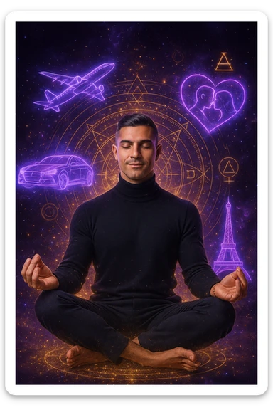 "Un uomo in meditazione fluttuante nello spazio cosmico, circondato da particelle dorate e simboli alchemici. Intorno a lui, oggetti e situazioni dei suoi desideri (auto, viaggi, amore) si materializzano come ologrammi luminosi. Stile cyber-mistico, colori viola e oro." sticker