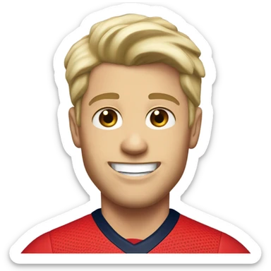 Skinny Caucasian male blonde combed over hair smiling wearing a Houston Texans polo sticker