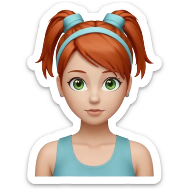 Emoji-style 3D female avatar with fair skin, large green eyes, soft makeup, and auburn-red hair tied in a high ponytail with a light blue hairband.
Wearing a light gray sleeveless tank top, centered front view, smooth realistic shading, clean lighting, isolated background, polished emoji realism. sticker