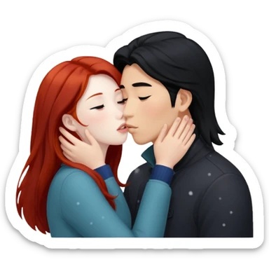 snow falls long black haired asian guy kissing redhead girl sticker