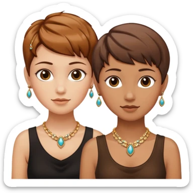 Fair skin and caramel colored besties with brown hair pixie cuts wearing jewelry  both brown hair  sticker