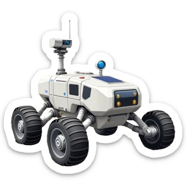 Cinematic Realistic Moon Rover – A rugged, high-tech vehicle traversing the Moon’s dusty surface. Its thick wheels leave tracks in the fine lunar regolith, with Earth hanging in the distant sky. Every mechanical detail of the rover is meticulously rendered, emphasizing its role in human exploration. sticker