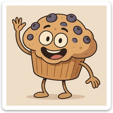 a blueberry muffin with arms, waving, cheerful expression, simple background sticker