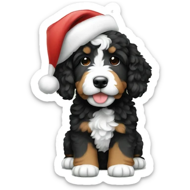 A bernedoodle puppy with a Christmas hat sticker