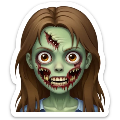Girl zombie with brown long hair with teeth and serious face IOS style sticker
