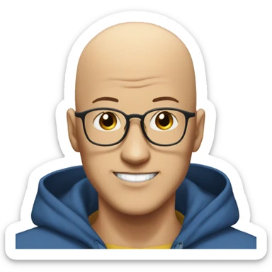 bald saitama in his 30s wearing glasses, smiling, in a blue hoodie sticker