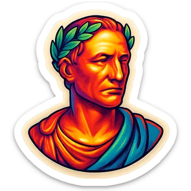 Julius Caesar as a retro sticker, laurel wreath, toga, bold lines, vintage sticker style sticker