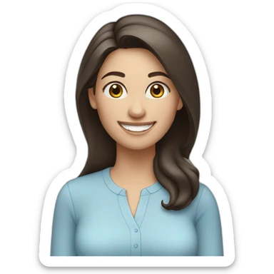 Caucasian woman with long dark brown hair, wearing a light blue blouse, smiling sticker