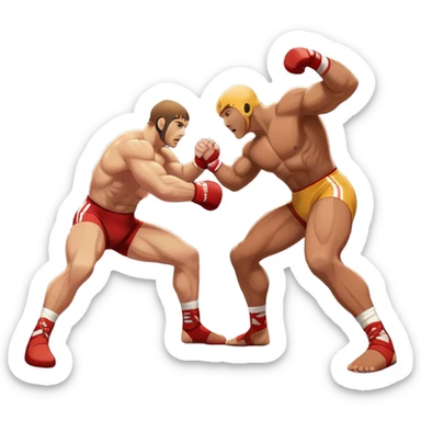 An icon depicting two wrestlers in a grappling stance on the mat, engaged in a fierce combat. One fighter attempts a takedown, while the other resists. The background shows a wrestling arena with bright lights and spectators around the edge of the ring. Transparent background  sticker