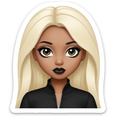 black pretty bratz girl, dark black eyes, black eyeliner, pale skin, black clothes sticker
