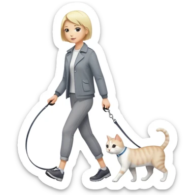 blonde short-haired woman walking a gray and white cat on a leash sticker
