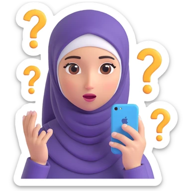 a girl wearing a hijab, confused expression, question marks floating around her, iPhone memoji style, 3D, expressive face sticker
