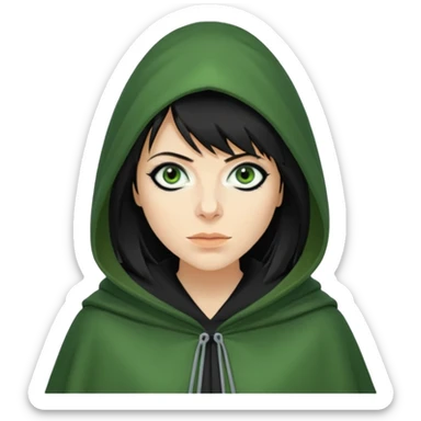 claudia winkleman as a traitor with a green hooded cloak and dark black eyeliner sticker