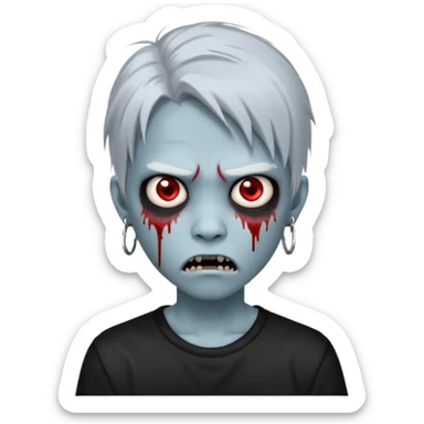 Create a 3D emoji-style avatar with very pale blue-grey zombie skin like the reference image, a young Asian face, and large eyes with blood tears. Give it white mullet hair style , silver hoop earrings, and a plain black T-shirt. The face expression should be slightly angry, with vampire fang  sticker
