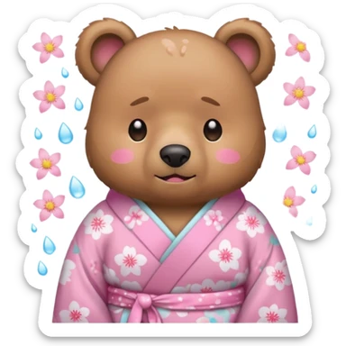 A cute light-brown bear wearing a pastel pink sakura-patterned kimono, normal balanced body ratio.  
Crying heavily with big teardrops streaming down the face, trembling lips and watery eyes.  
Kawaii emoji style, minimalistic clean sticker illustration, white background. sticker