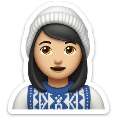 Asian woman with bob and frosty snowman sweater hitting cowbell sticker