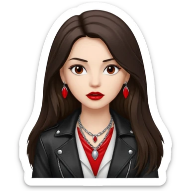 brunette with very long hair in black cuir jacket with red lips and very dark brown eyes and white shirt and mysterious necklace without ear piercing sticker