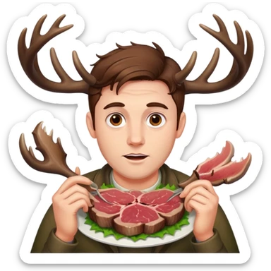 Guy with deer antlers eats meat, brown hair sticker