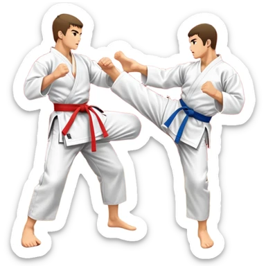 Two karate fighters in traditional gi sparring. One executes a high kick aimed at the opponent’s head, while the other blocks with a strong hand defense. The background features a classic dojo with wooden flooring and banners. Dynamic motion and focused expressions. Transparent background. sticker