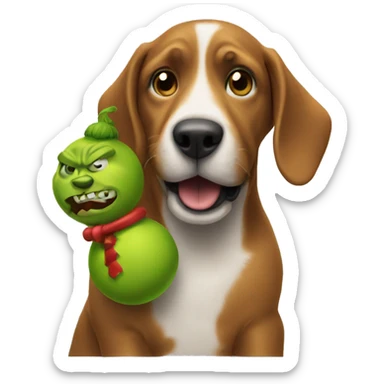 A dog with a toy shooting at a grinch sticker