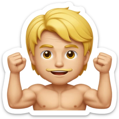 Make this man with hair flexing muscles emoji more classic iOS emoji style. Rounder face, softer gradients, classic emoji eyes and mouth, yellow skin tone, simplified details, but keep the pose and hair. Add a glossy effect to the skin. sticker