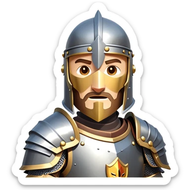 clash-of-clans-aesthetic_-cinematic-fearsome-and-majestic-knight-bust-portrait-emoji, rendered in a flat, vector-style with minimal shading and bold, simplified shapes typical of emoji art, depicting a battle-ready medieval knight standing, mounted on a heavily armored warhorse with plated barding gleaming in the sunlight. sticker