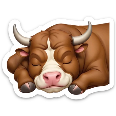 meme-worthy-cute-sleeping-domestic-bull-portrait-emoji,-head-resting-peacefully-with-a-contented-smile,-showcasing-a-robust,-muscular-build-and-a-luxuriously-soft-coat,-eyes-gently-closed-in-serene,-restful-slumber,-simplified,-solid-brown sticker