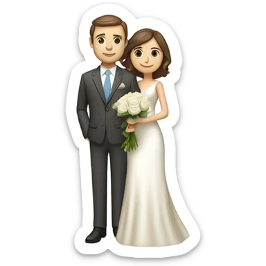 grown wedding couple. Bride have short brown hair, wearing a cute long dress, long veil, and is holding a white rose bouquet. Groom have also brown hair, wearing a cream-colored suit with a sky blue tie and breast pocket. He also have a orquid boutonniere sticker