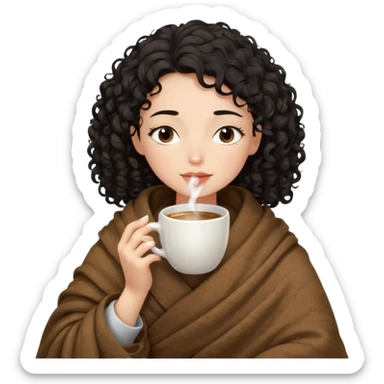 Gözleri kapalı, beyaz tenli ve kıvırcık siyah saçlı saç boyu orta omuzlarında bir kadın avatar, battaniyeye sarılmış halde beyaz bir Türk kahvesi fincanından içeceğini huzurla yudumluyor. sticker