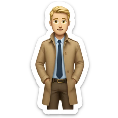 White Young man with a tan detective coat behind his laptop opened sticker