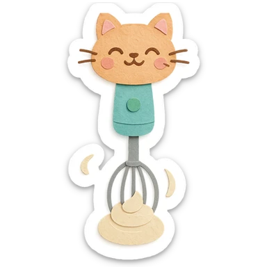 cute electric whisk-cat hybrid, spinning cream joyfully, pastel palette, full-body sticker