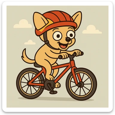 Add a cheerful helmet to the small chihuahua pedaling a bicycle, keeping the cheerful mood. sticker