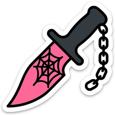 gothic knife, black and pink, with spiderweb design and silver chains, color outline icon style sticker