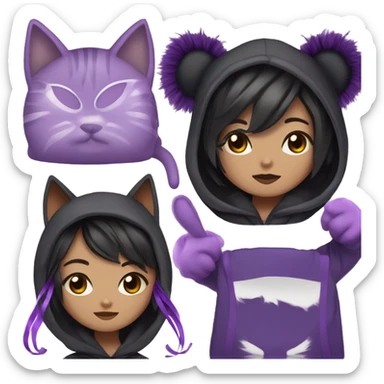 Human with cat whiskers and black/white hair divided in the middle, dressed in a black hoodie with cat ears and Lilia ear muffs and purple ribbons, eye color also purple. sticker