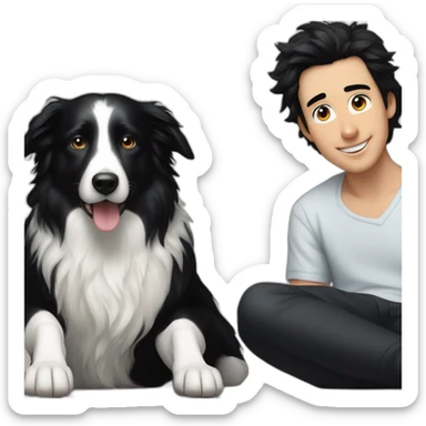 aa family photo of a 30 year old boy with long black hair next to a black and white border collie sticker