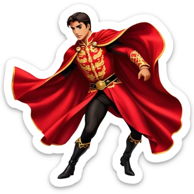 ​Cinematic Spanish Matador Holding a Red Cape, rendered with dynamic motion blur and vivid, high-contrast lighting, sticker