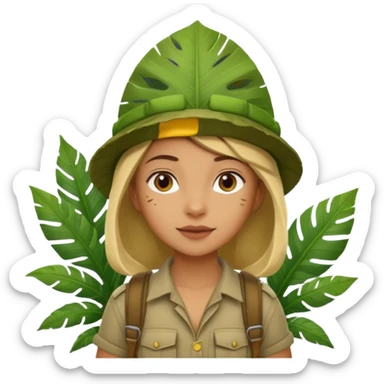 a young female explorer with jungle wearing a large leaf headgear bye  sticker