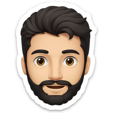 young fair skin Pakistani man smiling with black beard, wavy hair pushed back and squinted eyes and thick eyebrows sticker