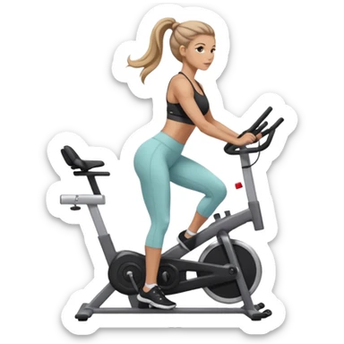 woman with long hair tied up in ankle-length leggings on a stationary bike sticker