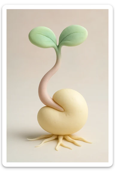 single bean sprout with roots, fondant cake art style, soft pastel colors, no text sticker