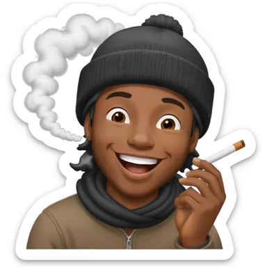 black male, beanie hat, laughing, joint in hand, smoke swirl sticker