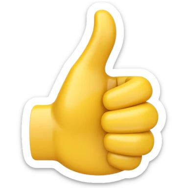 Apple-style 3D illustration of a single yellow emoji hand giving a thumbs up gesture, glossy and rounded, centered on a clean white background, soft shadow underneath, isolated and minimal design sticker