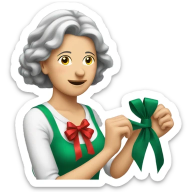 Middle aged woman learning how to tie a Christmas bow sticker
