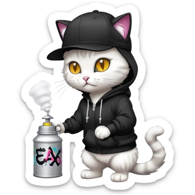 cat wearing a black snapback cap and black hoodie doing graffiti art with spray paint, street art style sticker