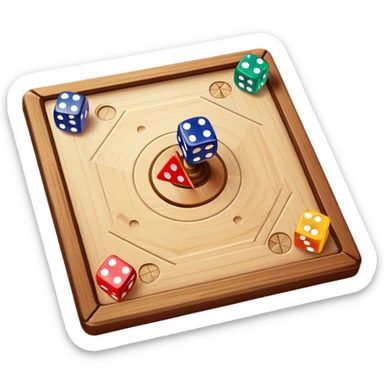 A photorealistic icon featuring a wooden board with a variety of game pieces, dice, a spinning top, and a set of colorful tokens. The design includes a rich, detailed texture of the board and game pieces, capturing the fun and strategy of different tabletop games. Transparent background. sticker