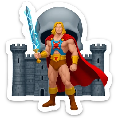 He-man in red cape holding up sword with power color shooting from sword towards sky in front of a large skull shaped gray castle sticker