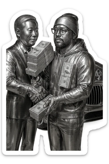 Edit the image to have just one stack of money being held between the two men shaking hands. Keep the chrome style, Maybach in the background, and transparent background. All other details remain the same. sticker