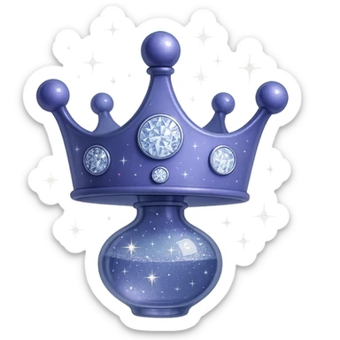 Edit the crown to become a small, elegant elixir bottle while keeping the crown shape and color #7986cb. The bottom merges into a bottle/flask shape. Add silver and holographic details with magical sparkles. The bottle should have a very small neck, seamless bottom, floating in air, transparent background, no base or shadow, modern style, luxury collection style. sticker