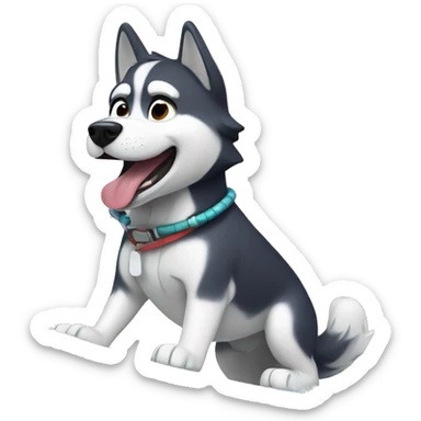 a husky dog surfing with palm trees in the back sticker