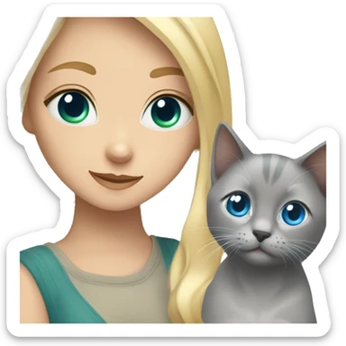 blue eyes grey kitten and green eyes blonde girl are friends sticker
